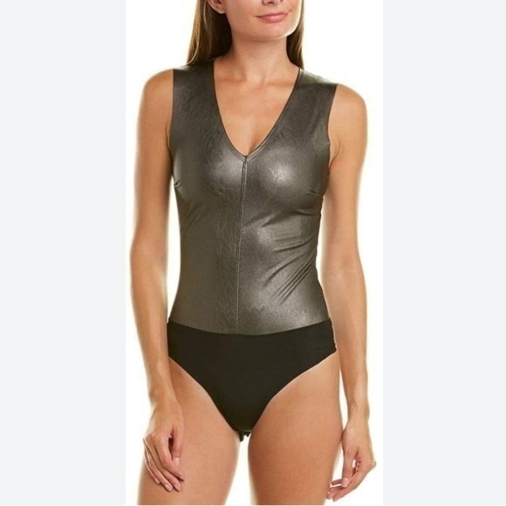 Commando Faux Leather Deep-V Bodysuit Collection Gunmetal Small